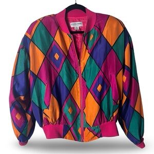 VTG 80s Carol Horn Silk Geometric Colorblock Bomber Jacket Pink Multi Sz M
